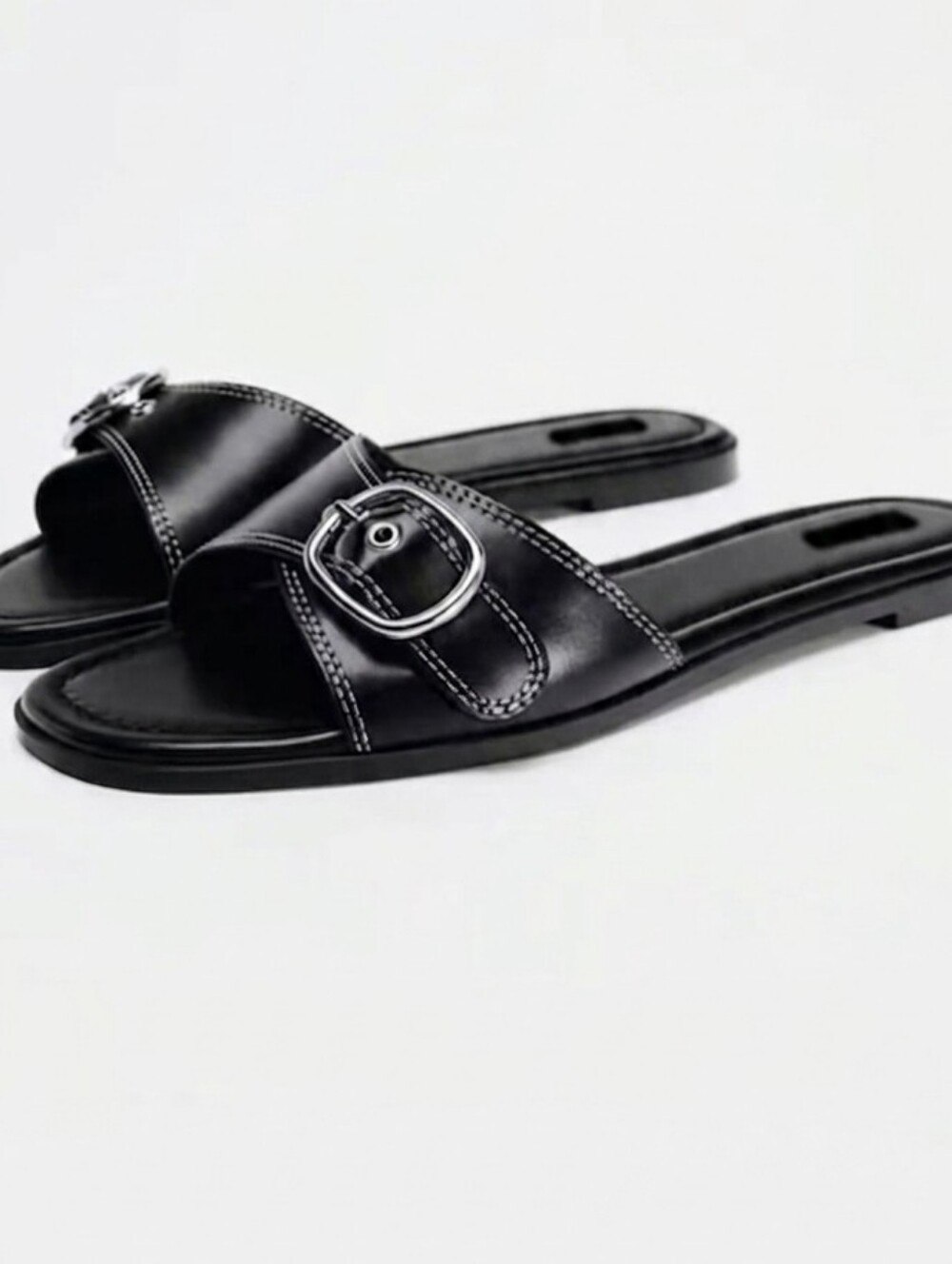 Zara Black Slide Flat Slippers/Sandals with Silver Tone Buckle Size 37 (6.5 US) - Picture 1 of 9